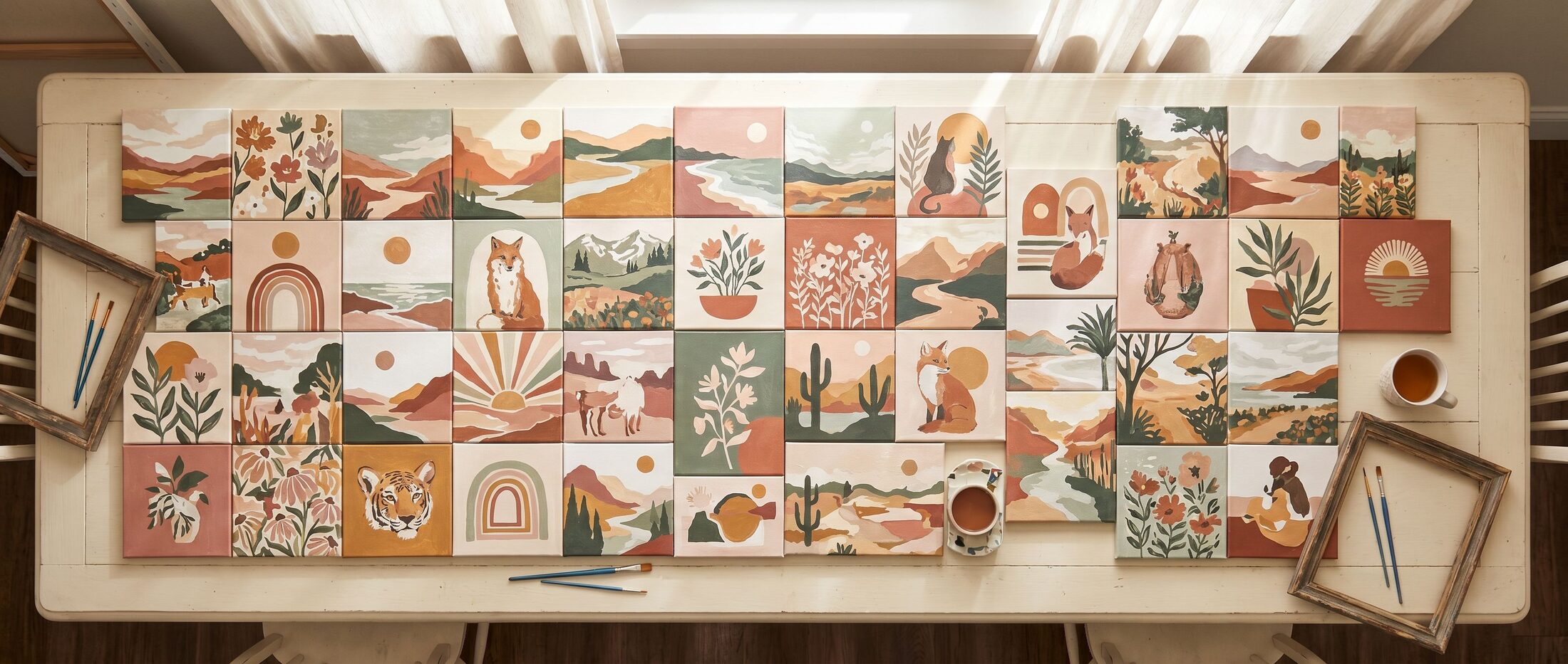 A wall of finished artwork